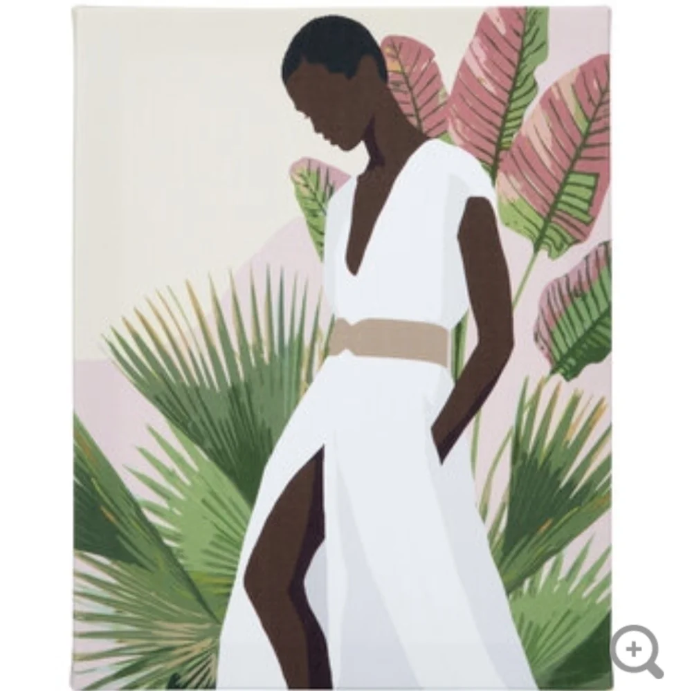Modern Woman in a White Dress & Palm Leaves Canvas Wall Decor 10 x 8 NWT